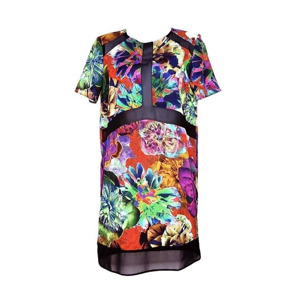 Asos Abstract Floral Shift Dress Graphic Springtime Semi Sheer Knee Size 2 Small - Picture 1 of 6